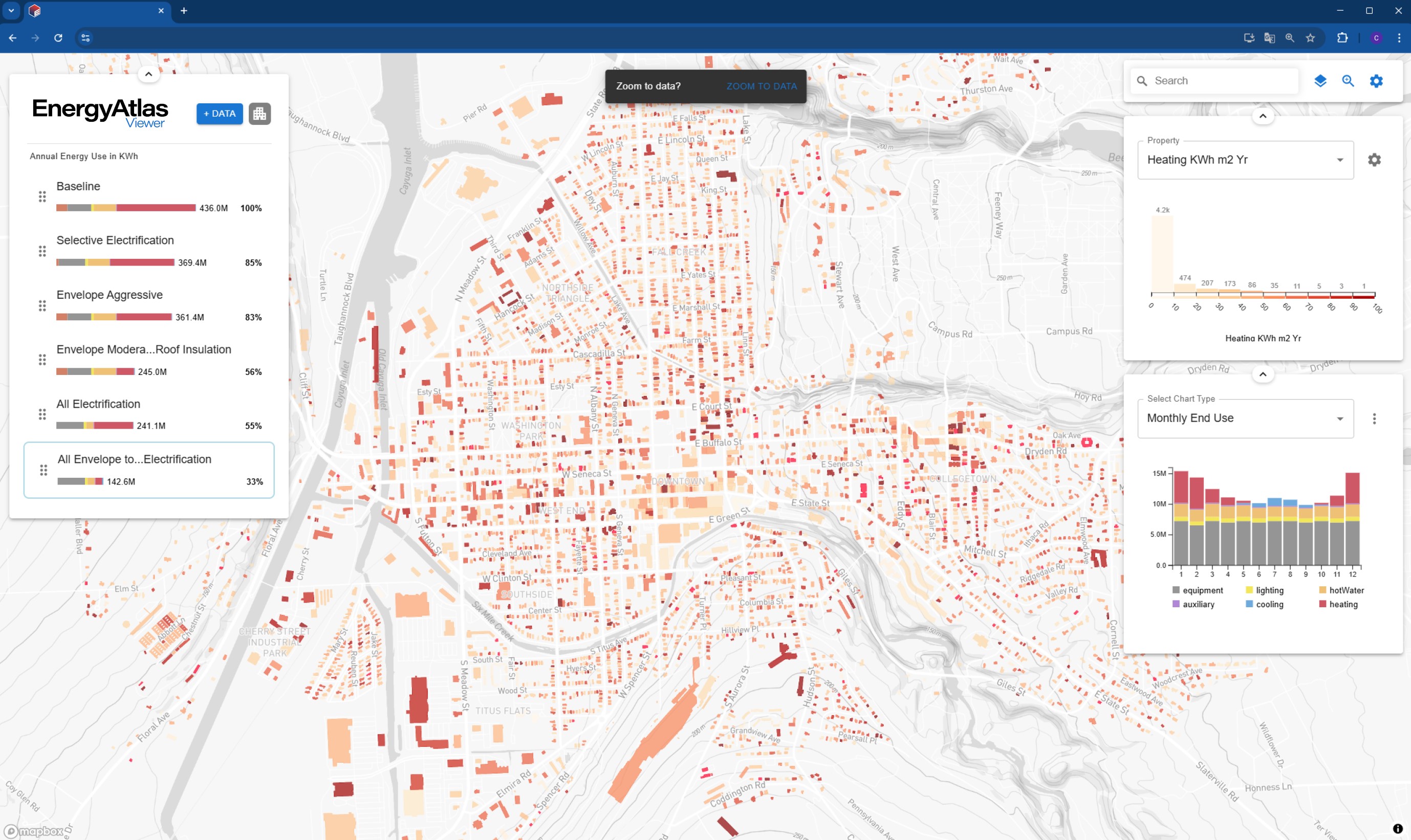 City-scale energy simulation showing building energy consumption patterns